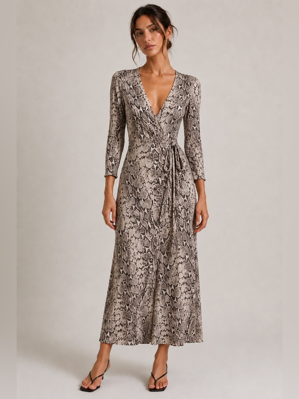 Reformation Jaz Snake Python Print Wrap Midi Dress 3/4 Sleeve Tie Waist XS